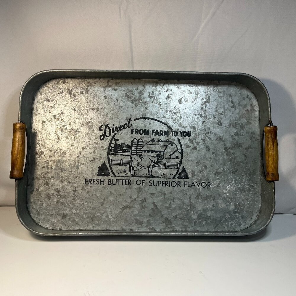 Fresh Butter Galvanized Tin Metal Tray 17x10.5x2 Rectangular Wood Handles Farm